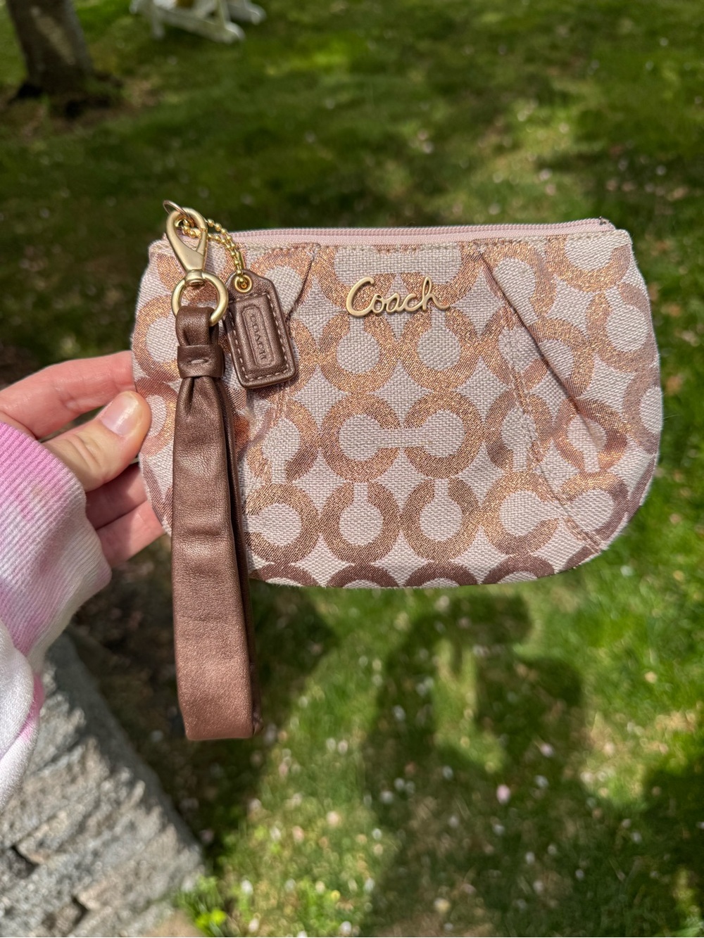 Coach Pink & Tan Signature Wristlet with Leather Strap